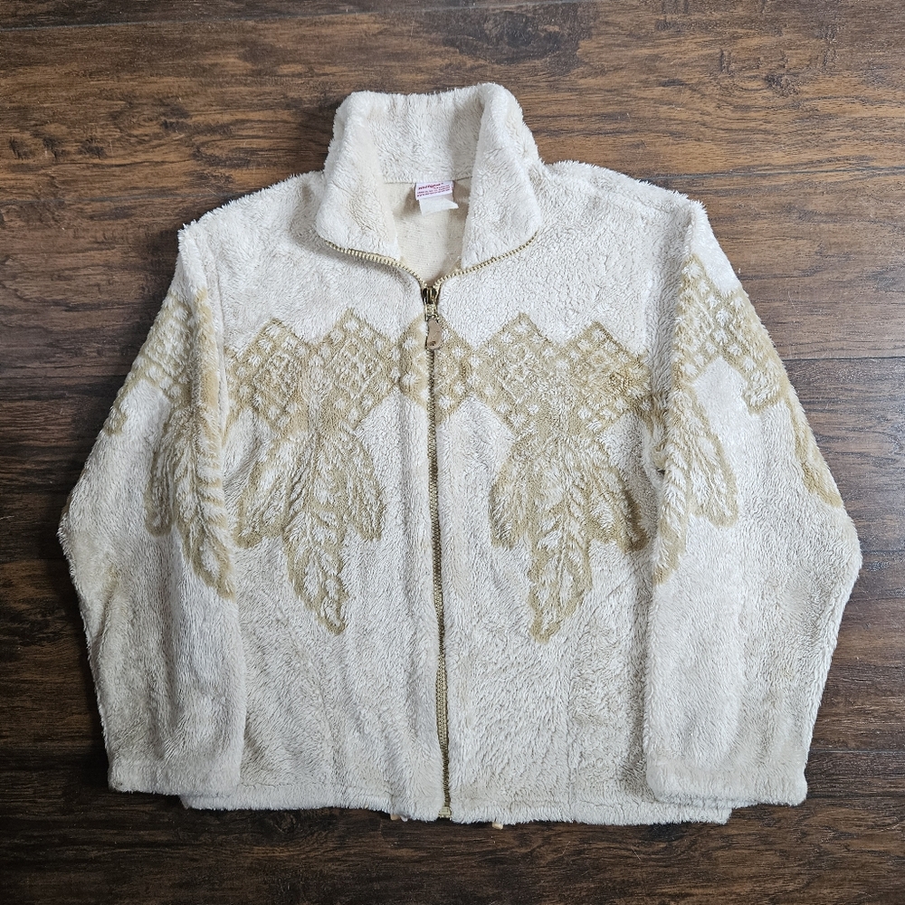 Vintage Milton Funwear Southwestern Native Feather Unisex Sherpa Fleece Jacket